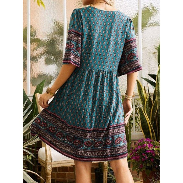 Retro V-Neck Short Sleeve Printed Mini Dress