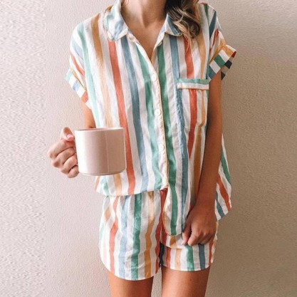 Showy Striped Print Short Sleeve Short Pants Lounge Set