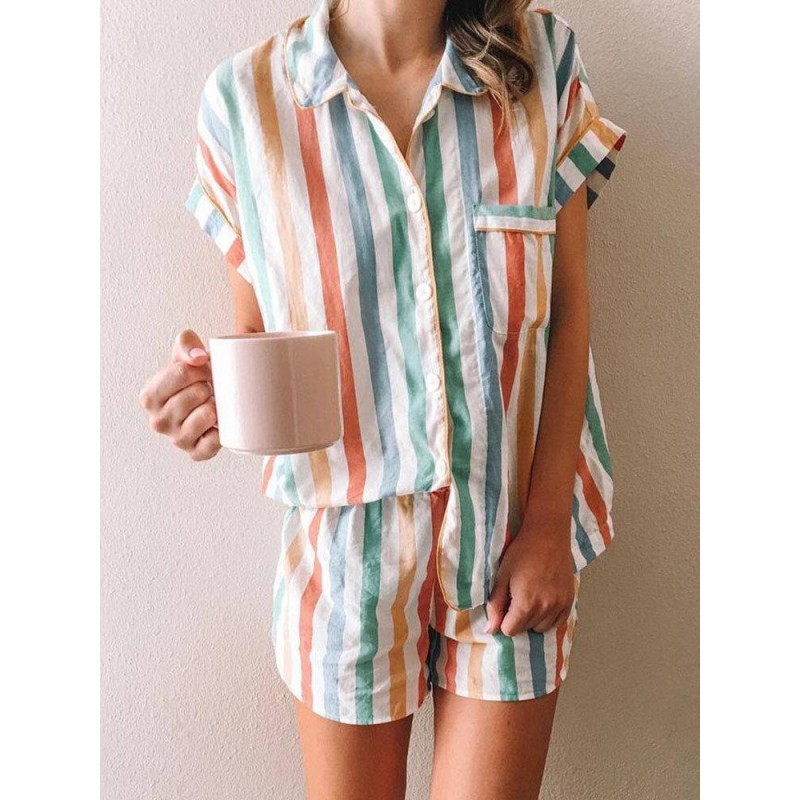 Showy Striped Print Short Sleeve Short Pants Lounge Set