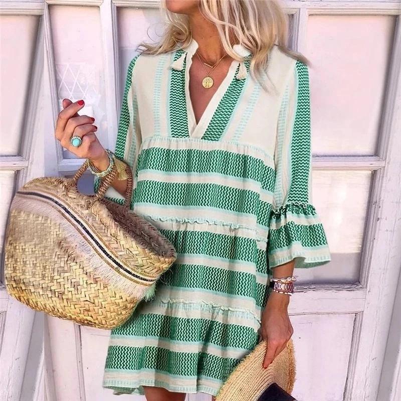 Chic Color Block Print Bell Cuff Sleeve Mini Dress