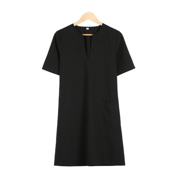 Modest Black Side Pocket Short Sleeve Mini Dress