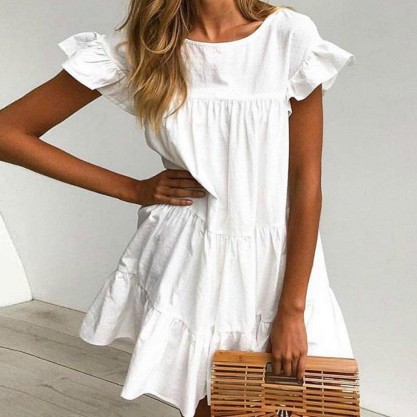 Sweet Ruffle Cuff And Hem White Mini Dress