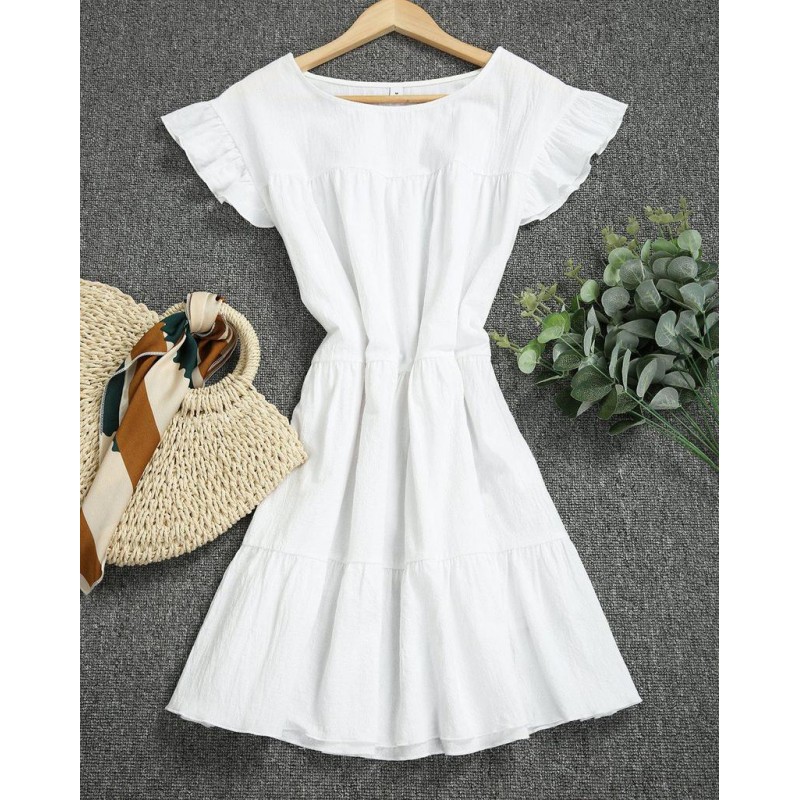 Sweet Ruffle Cuff And Hem White Mini Dress