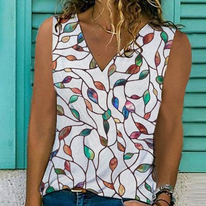 Showy Print V-Neck Sleeveless Top