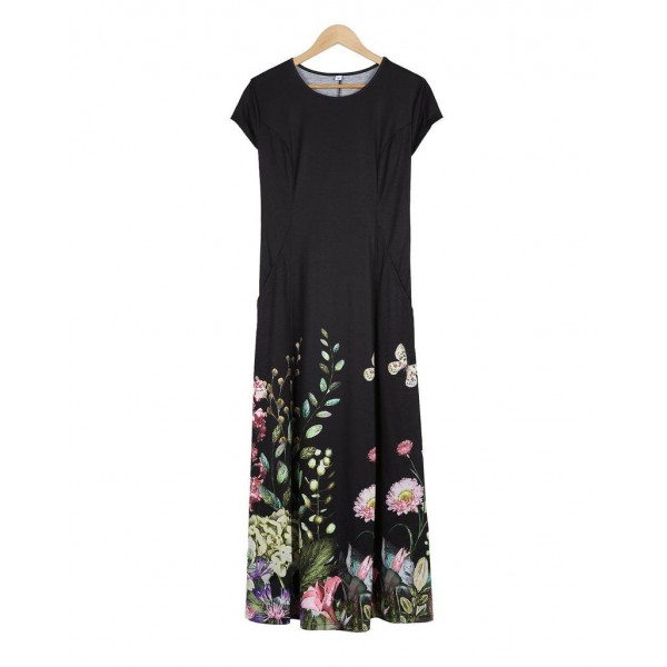 Attractive Black Short Sleeve Printed Midi Dress