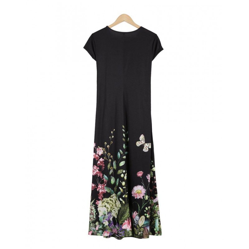 Attractive Black Short Sleeve Printed Midi Dress