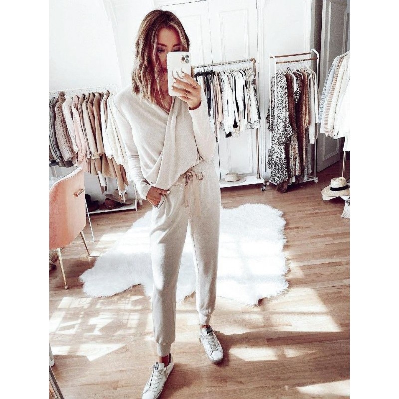 Casual Plain Crossed Long Sleeve Lounge Set