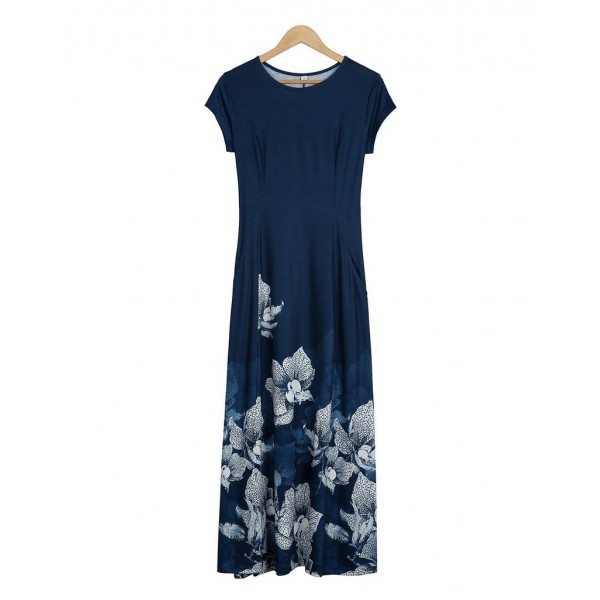 Elegant Floral Print Round Neck Midi Dress