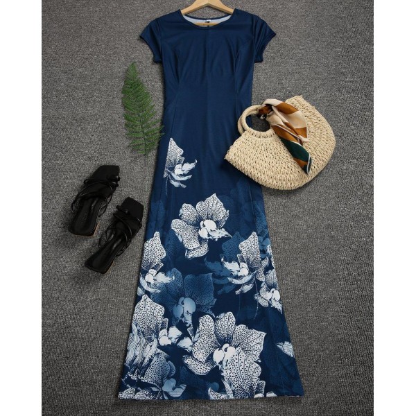 Elegant Floral Print Round Neck Midi Dress