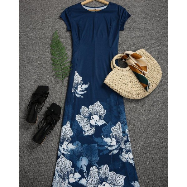 Elegant Floral Print Round Neck Midi Dress