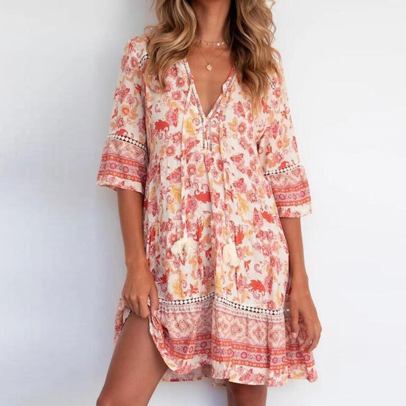 Fresh Print V-Neck Mini Dress