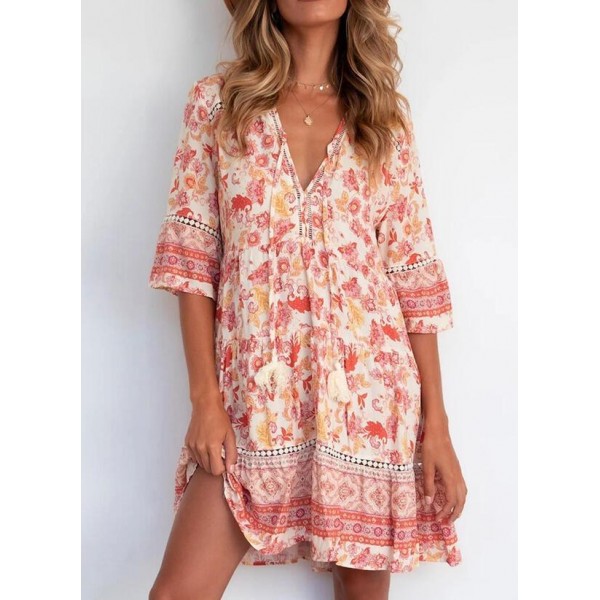 Fresh Print V-Neck Mini Dress