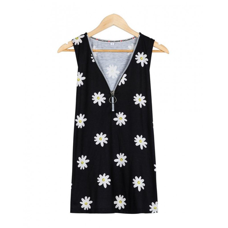 Simple V-Neck Print Sleeveless Top