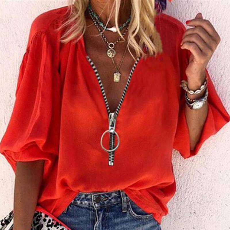 Stunning Red Plain Zipper V-Neck Top