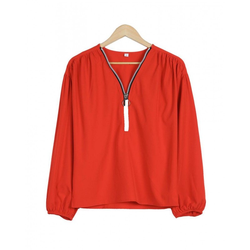 Stunning Red Plain Zipper V-Neck Top