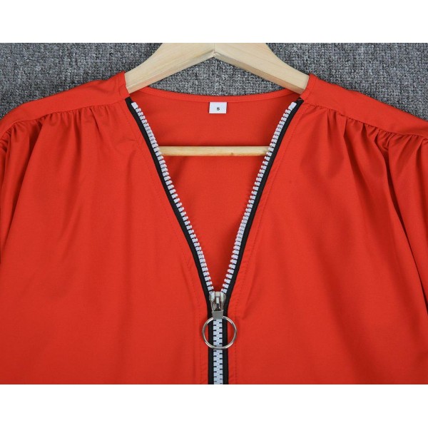 Stunning Red Plain Zipper V-Neck Top