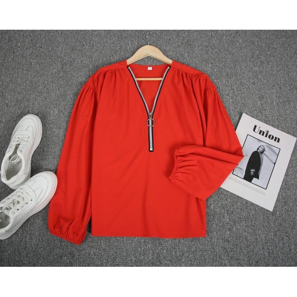 Stunning Red Plain Zipper V-Neck Top