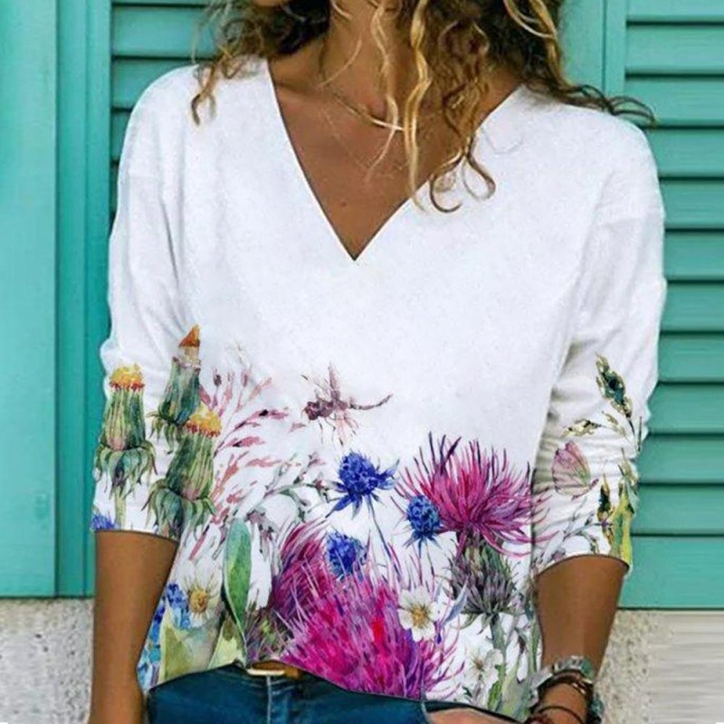 Attractive Print V-Neck Long Sleeve White Top