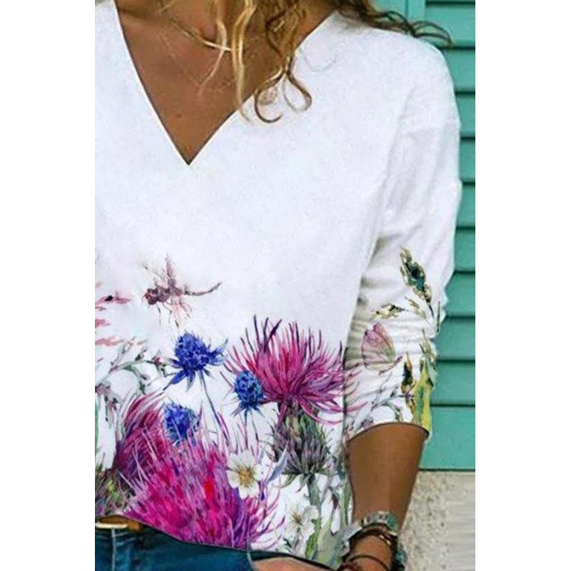 Attractive Print V-Neck Long Sleeve White Top