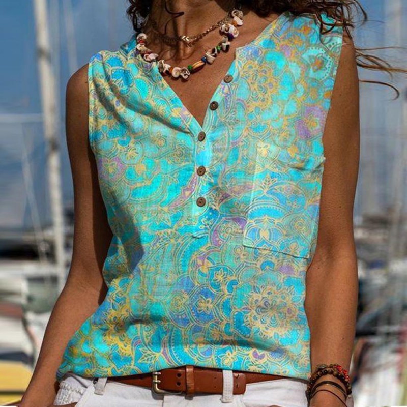 Casual Print V-Neck Sleeveless Top