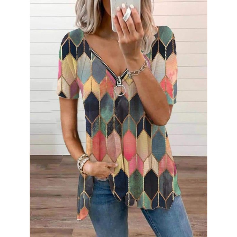 Groovy Geometric Print Short Sleeve Top