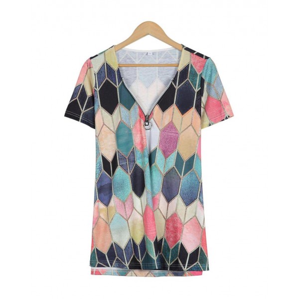 Groovy Geometric Print Short Sleeve Top