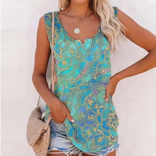 Retro Round Neck Print Sleeveless Top