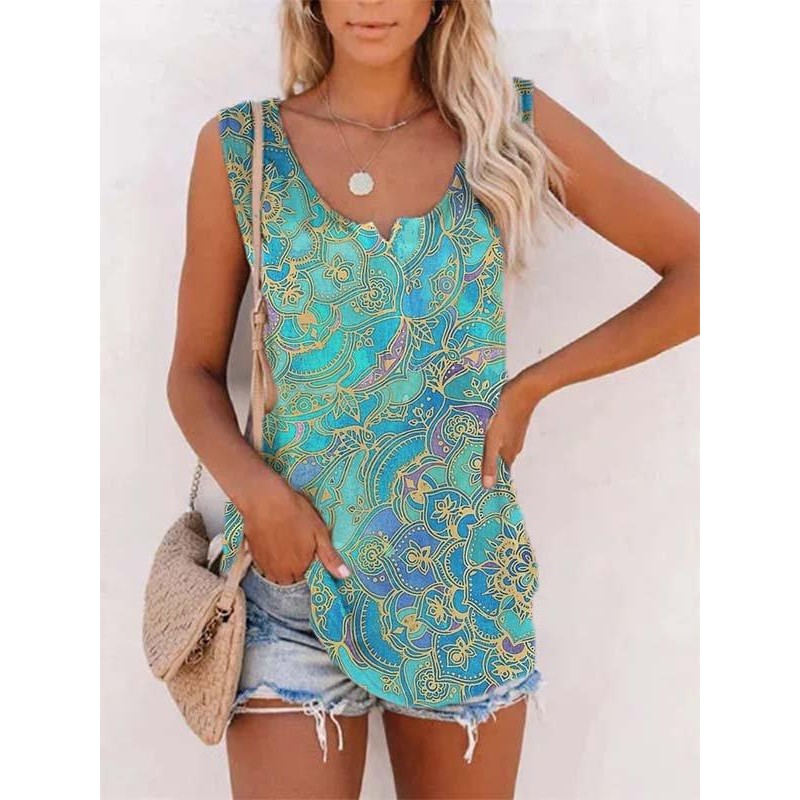 Retro Round Neck Print Sleeveless Top