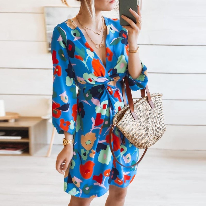 Fresh Floral Print Long Sleeve Mini Dress