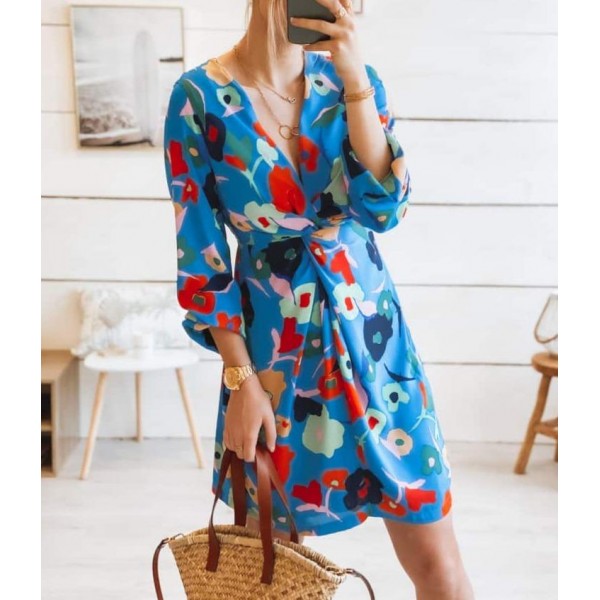 Fresh Floral Print Long Sleeve Mini Dress