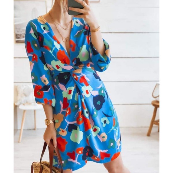 Fresh Floral Print Long Sleeve Mini Dress