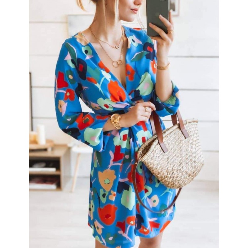 Fresh Floral Print Long Sleeve Mini Dress