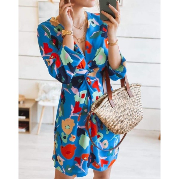 Fresh Floral Print Long Sleeve Mini Dress