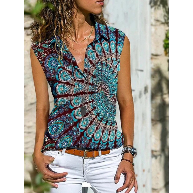 Chic V-Neck Print Sleeveless Top