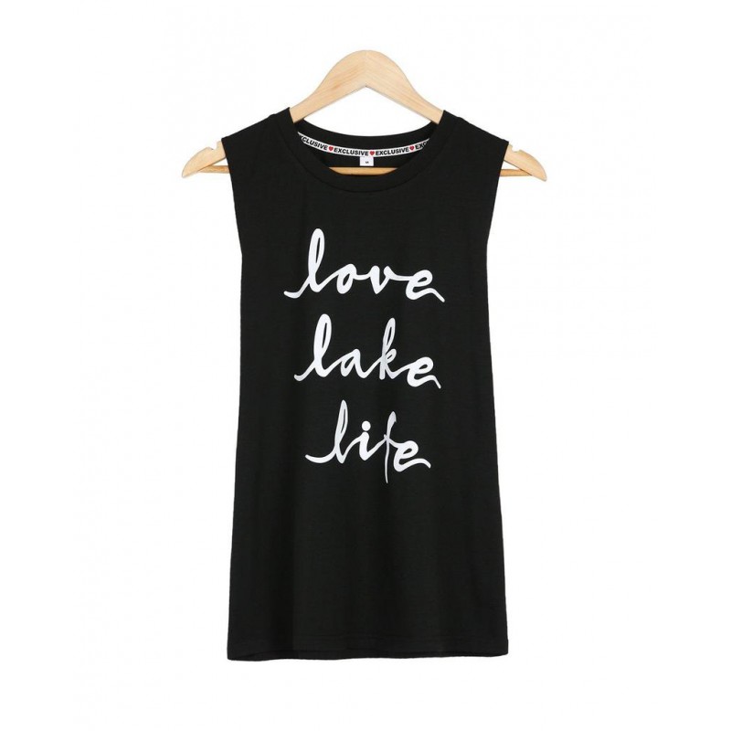 Casual Letter Print Sleeveless Black Top