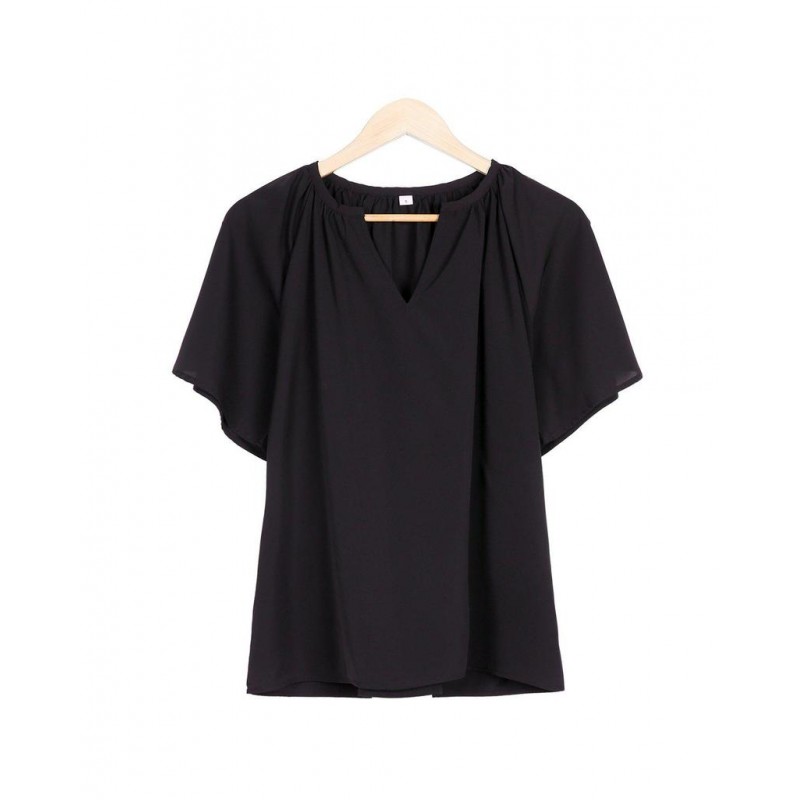 Chic Notched Neckline Short Sleeve Black Top