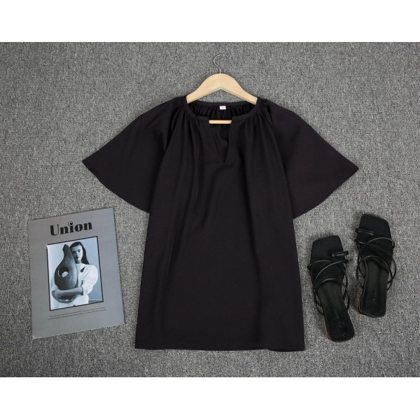 Chic Notched Neckline Short Sleeve Black Top