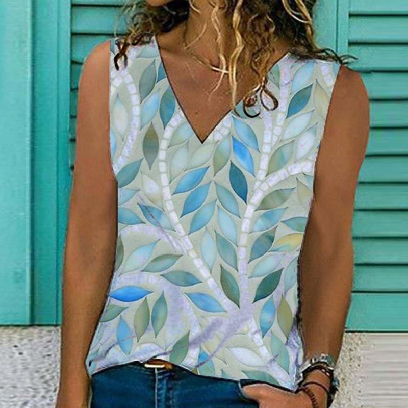 Groovy V-Neck Print Sleeveless Top