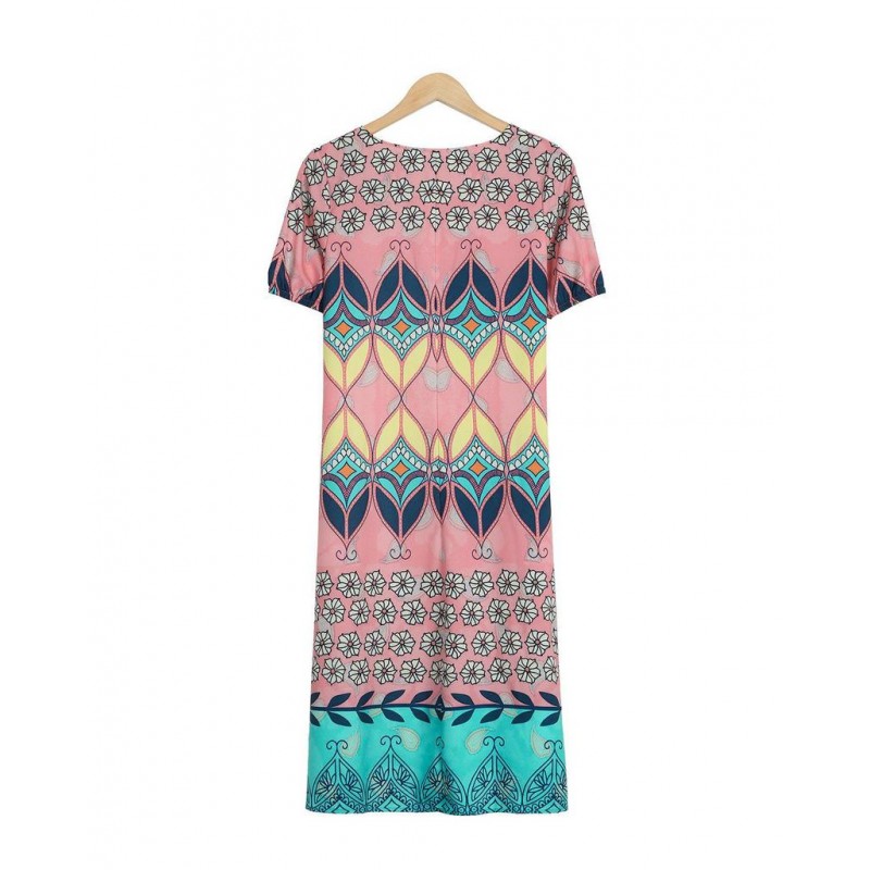 Distinctive Print V-Neck Short Sleeve Midi Dress