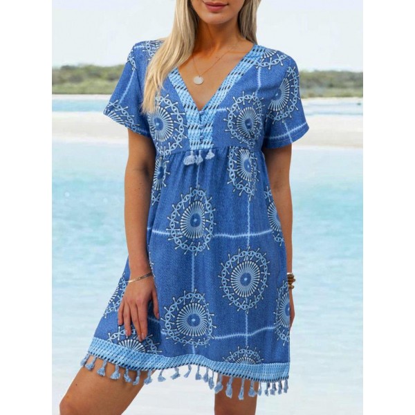 Retro Print Blue Short Sleeve Mini Dress