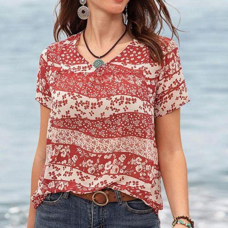 Chic Print V-Neck Short Sleeve Top