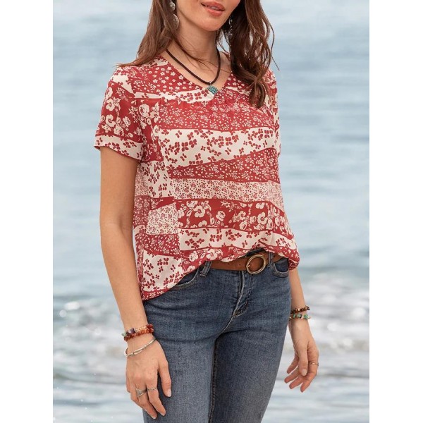 Chic Print V-Neck Short Sleeve Top