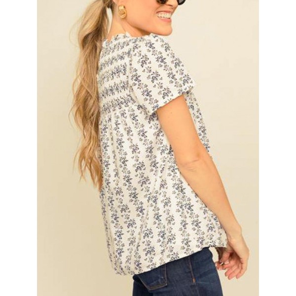 Retro Print Round Neck Short Sleeve Blouse