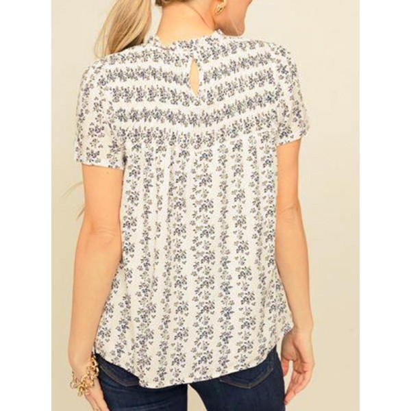 Retro Print Round Neck Short Sleeve Blouse