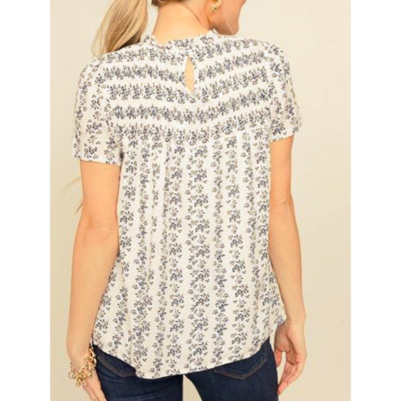 Retro Print Round Neck Short Sleeve Blouse