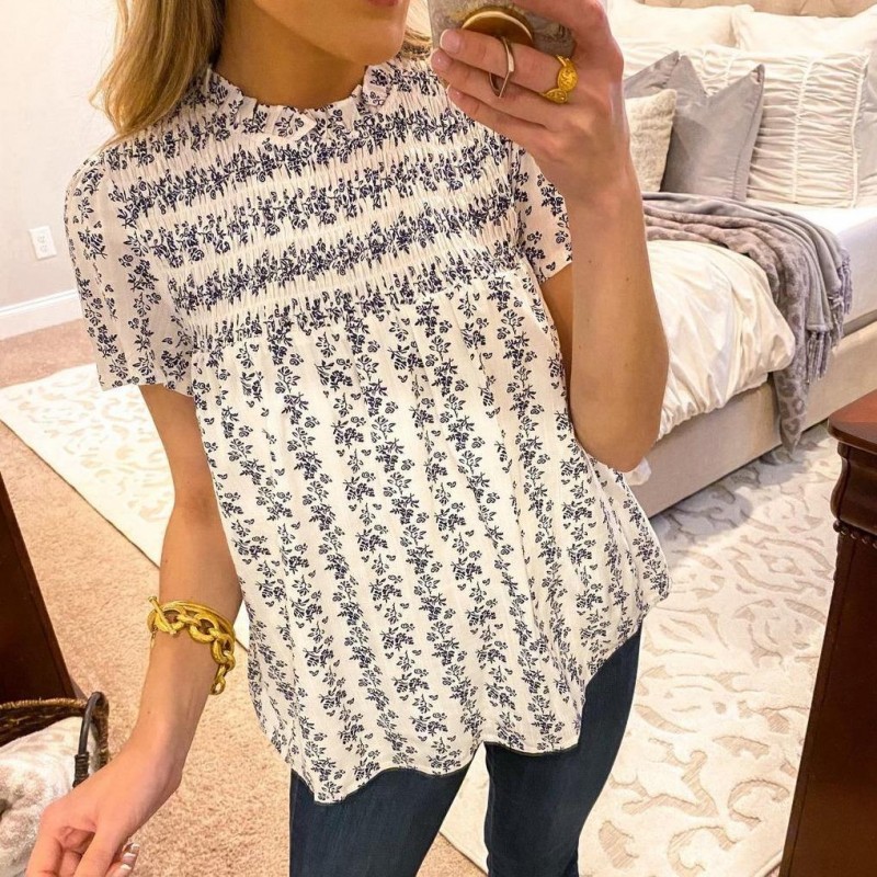 Retro Print Round Neck Short Sleeve Blouse