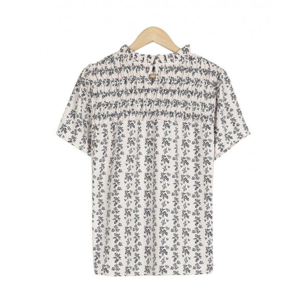 Retro Print Round Neck Short Sleeve Blouse