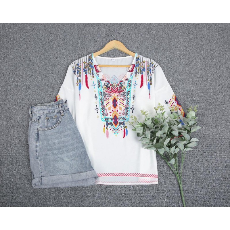 Baggy Short Sleeve Print White Top