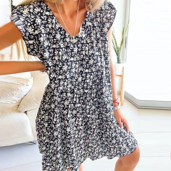 Casual V-Neck Printed Mini Dress