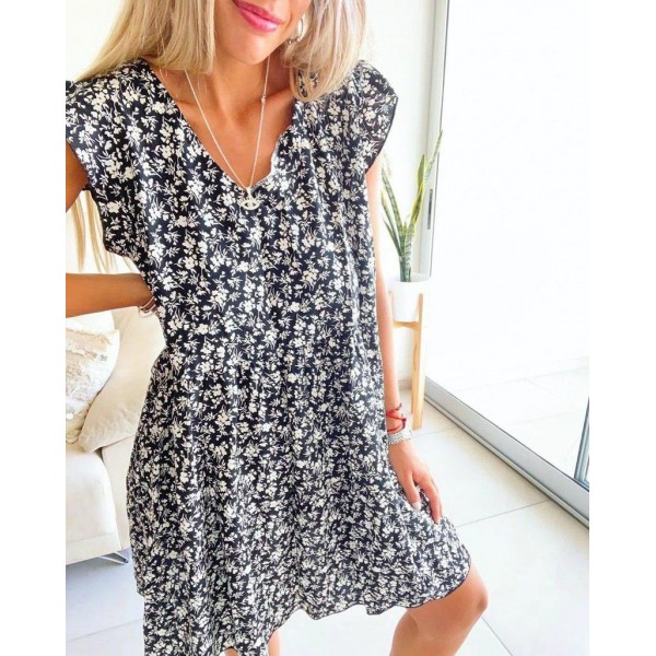 Casual V-Neck Printed Mini Dress